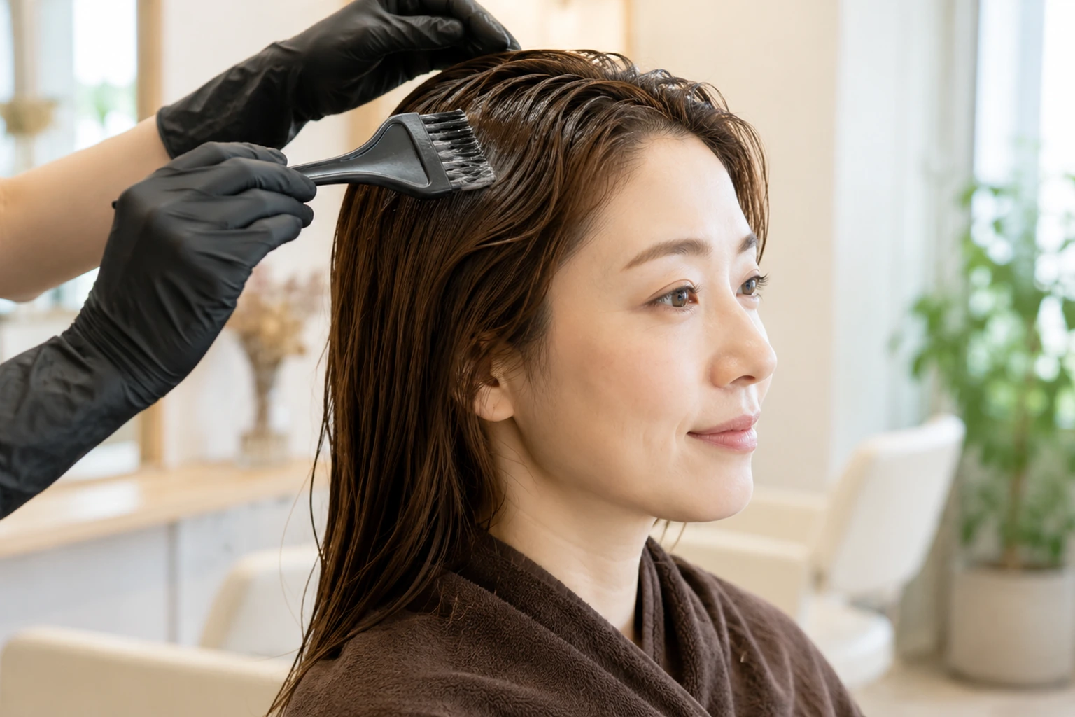 伊万里美容室Hair Room ALIDAで香草カラーの施術を受ける大人女性のイメージ